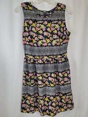 BeBop Black Floral Lace-Stripe Mini Dress with Pink and Yellow Flowers